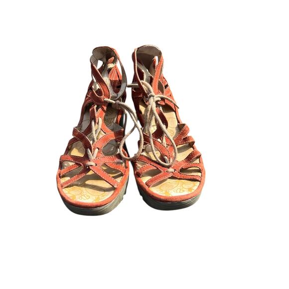 Fly London Wedge Sandals 39 US 8.5Brown Lace Up Suede Vacation Bohemian Open Toe - Picture 1 of 7